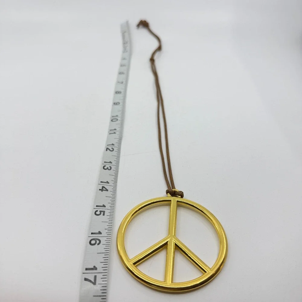 Gold Tone Peace Sign Pendant Necklace Brown Cord Boho Hippie Statement Gift